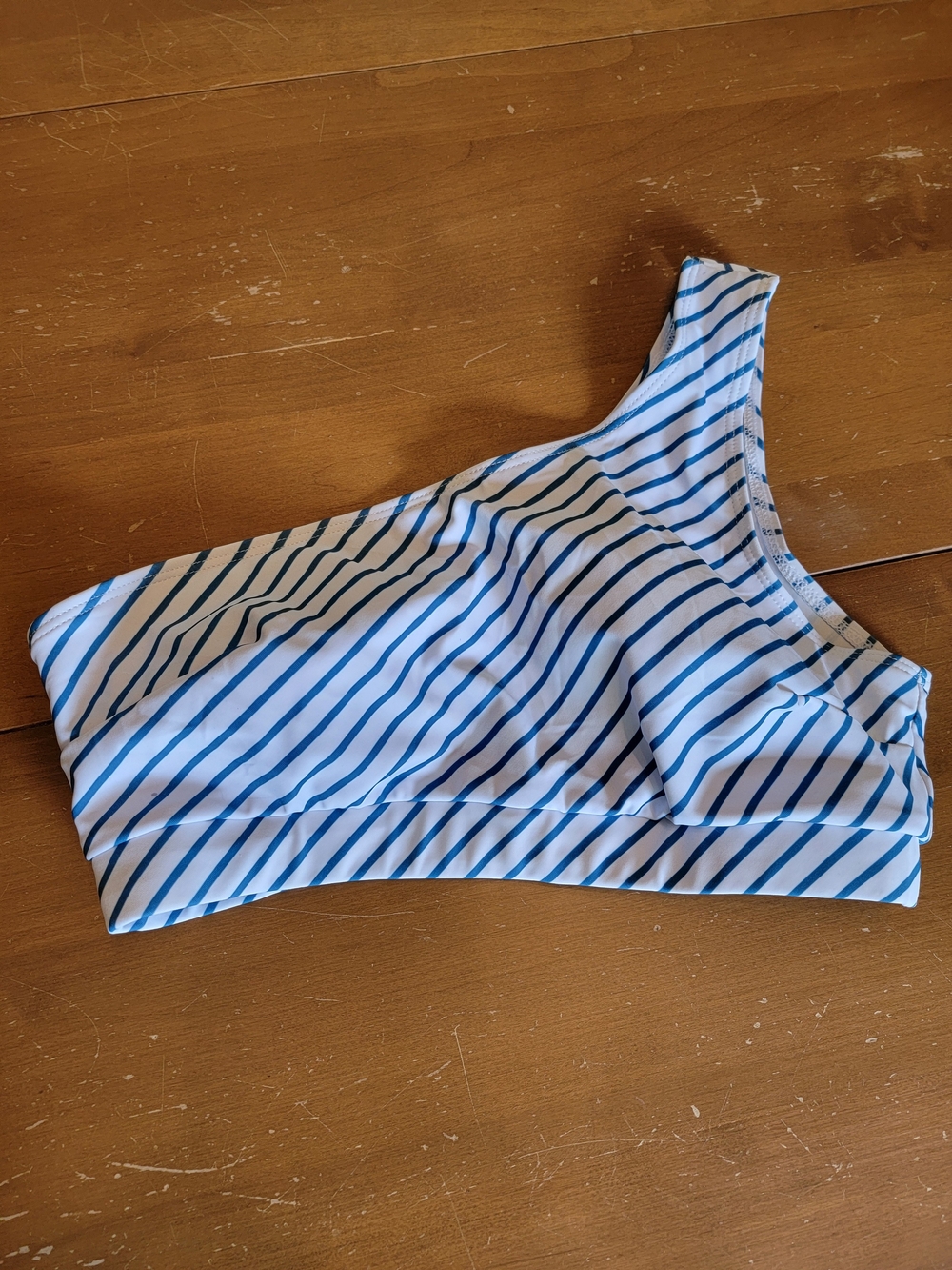 Striped One-Shoulder Bikini Top — White & Blue Size S
